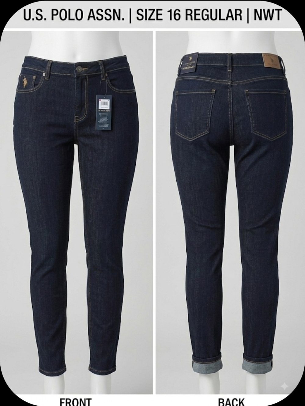 NWT U.S. Polo Assn. Dark Indigo Rinse Sexy Stretch Jeans Size 16 Regular